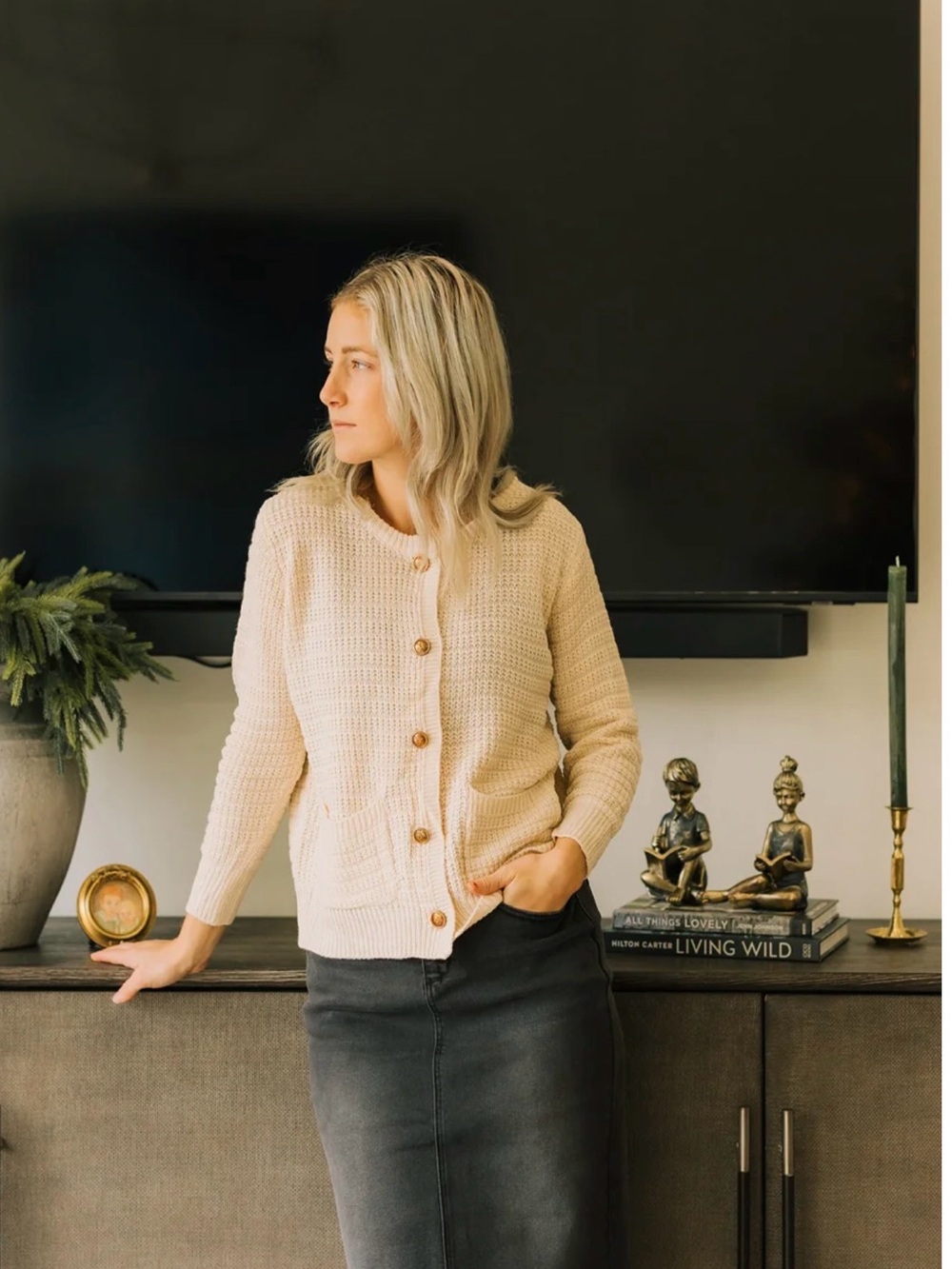 Cream Knit Button-Front Women's Sweater Cardigan